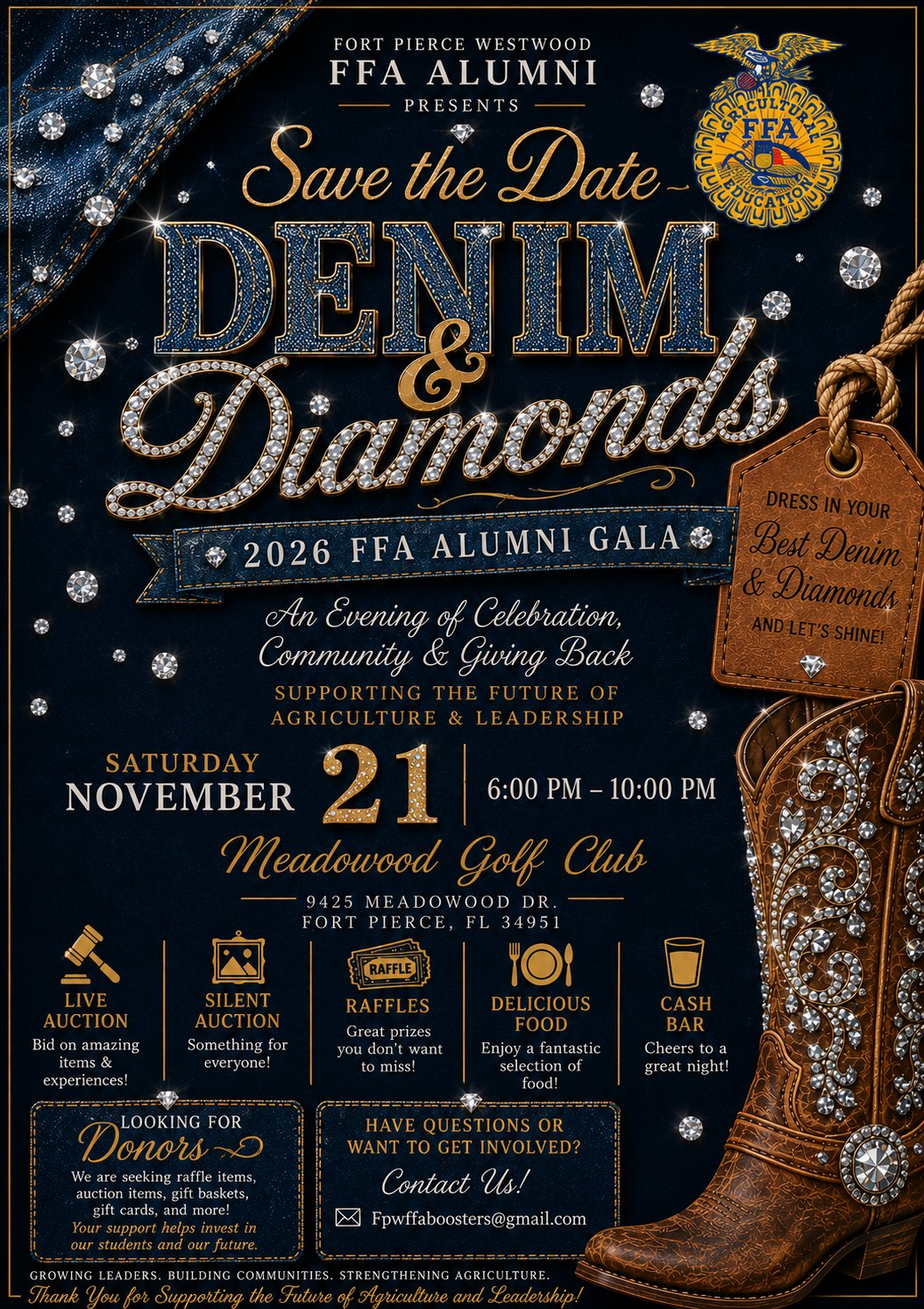 Denim and Diamonds 2026 FFA Alumni Gala save the date flyer